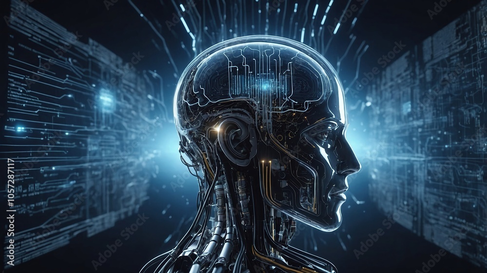 Fototapeta premium Artificial Intelligence project creating. Abstract concept of cyber technology, machine learning, robot and cybernetic brain 3d animation. Drawing digital scheme line of futuristic idea.