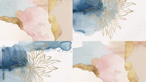 Modern abstract collage featuring soft watercolor shapes in pastel pink, blue, and beige tones with golden floral accents.
