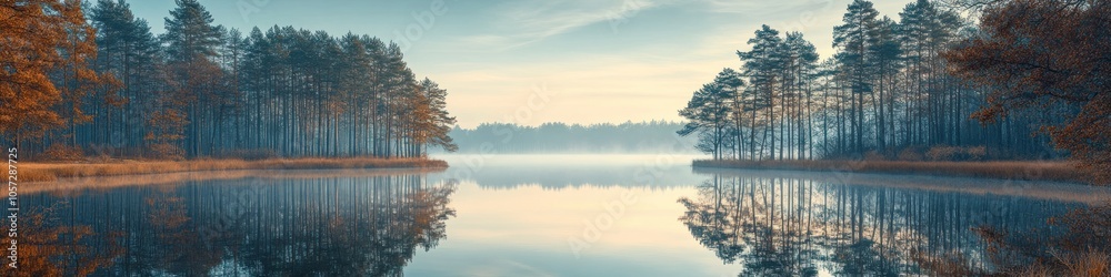 Fototapeta premium Serene lake surrounded by trees reflecting in calm waters at dawn.
