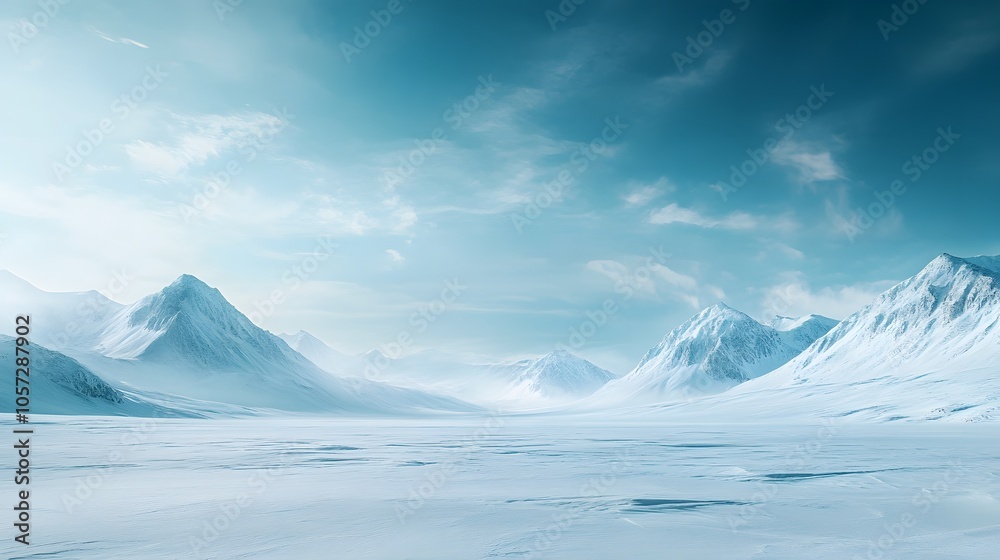 Arctic panorama featuring pristine snow fields and ice-covered mountains, showcasing vast winter wilderness with ethereal blue sky and wispy clouds over frozen tundra. Arctic panorama featuring pristine snow fields and ice-covered mountains, showcasing vast winter wilderness with ethereal blue sky and wispy clouds over frozen tundra.