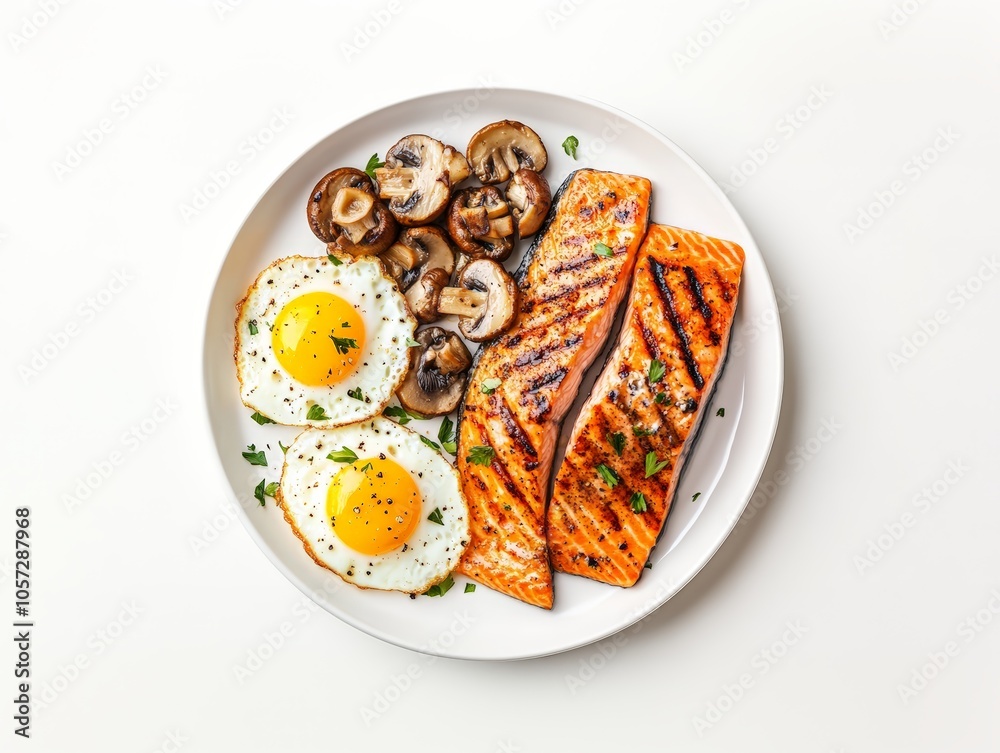 Grilled Salmon with Eggs and Mushrooms on Plate Grilled Salmon with Eggs and Mushrooms on Plate