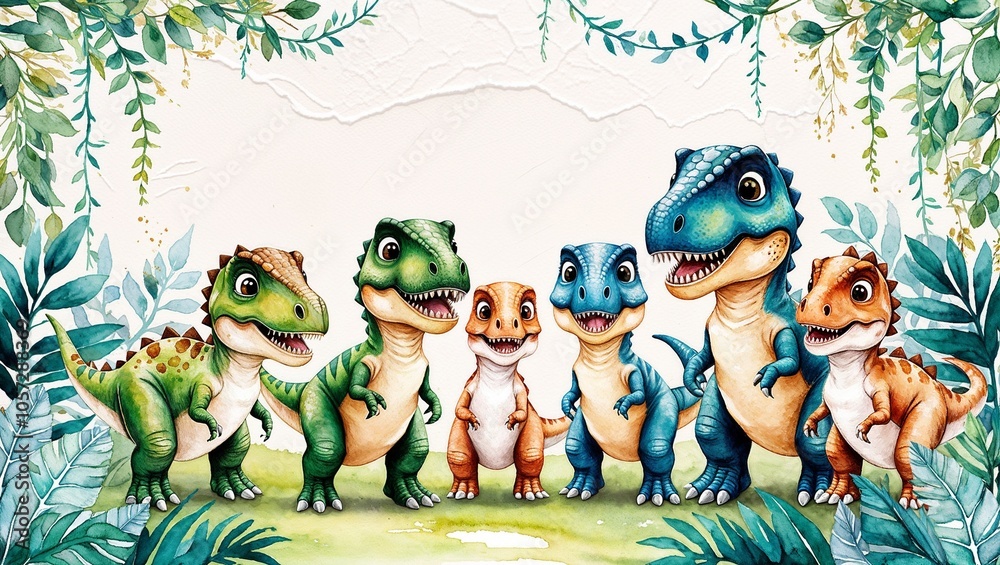 Naklejka premium Adorable Cartoon Dinosaurs in Jungle Scene 