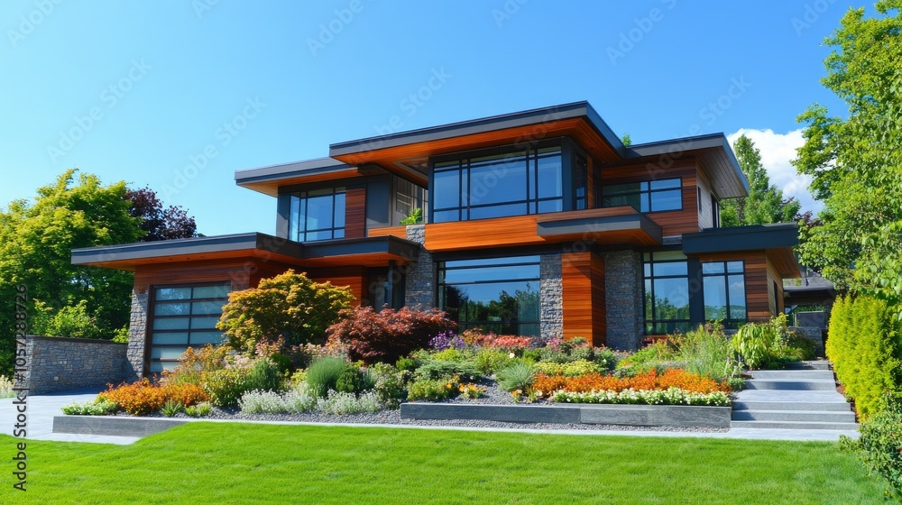 Elegant Modern Home Exterior with Vibrant Landscaping Elegant Modern Home Exterior with Vibrant Landscaping