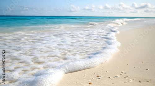 A Close-Up of Sparkling White Sand on a Secluded Beach with Seashells and Gentle Waves