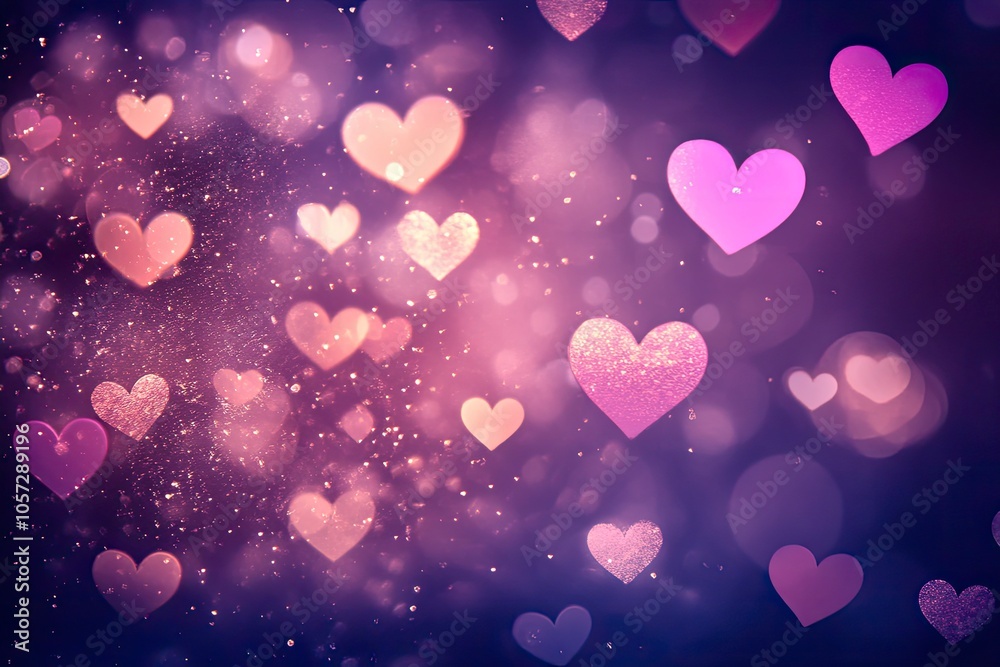 purple and pink glitter vintage lights background. defocused. hearts ...