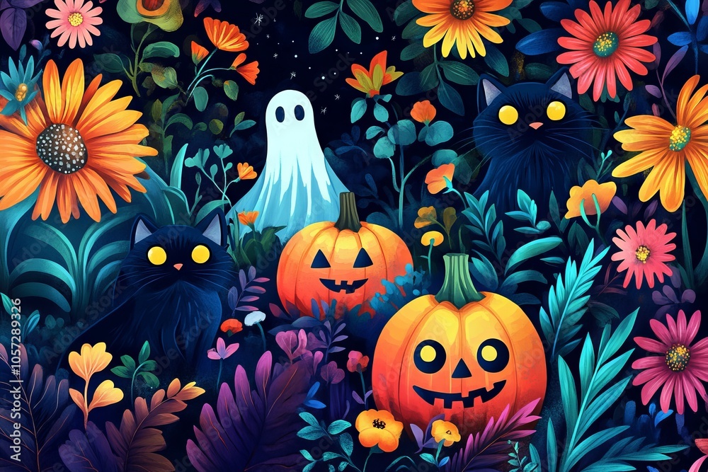 Whimsical Halloween Garden with Pumpkins and Cats - AI generated illustration Whimsical Halloween Garden with Pumpkins and Cats - AI generated illustration