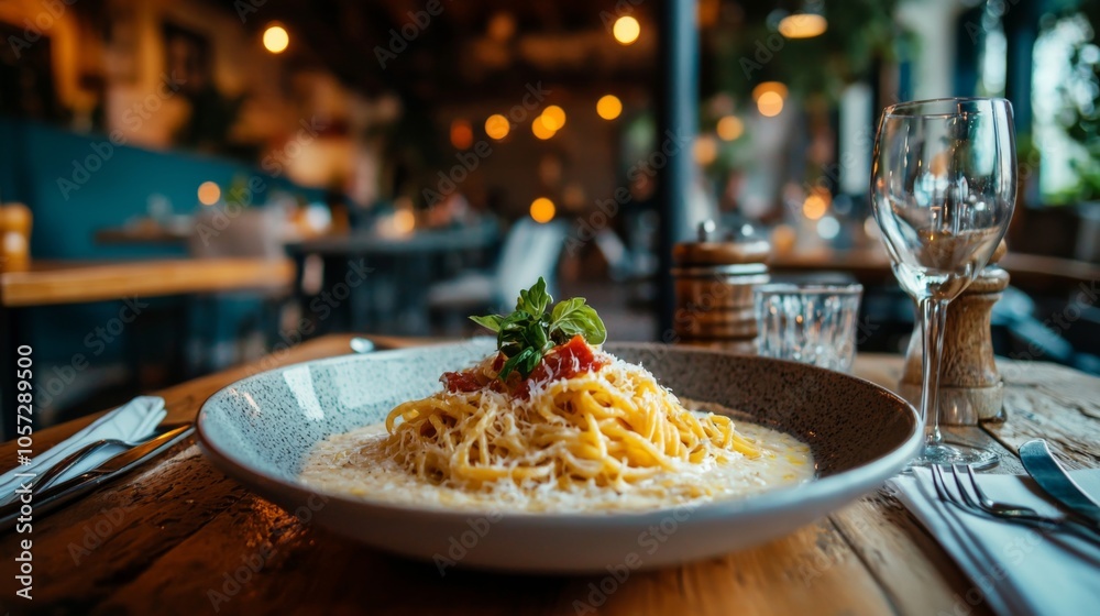 Perfectly plated spaghetti alla carbonara with creamy sauce, crispy pancetta, and parmesan in a rustic Italian setting Perfectly plated spaghetti alla carbonara with creamy sauce, crispy pancetta, and parmesan in a rustic Italian setting