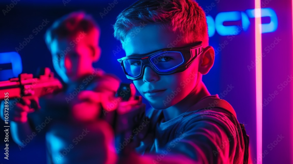 A boy is holding a gun and wearing goggles A boy is holding a gun and wearing goggles