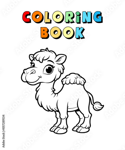 Cute Camel Cartoon , Wildlife Animal Coloring Page , Animal Coloring Book for Children , Vector Illustration