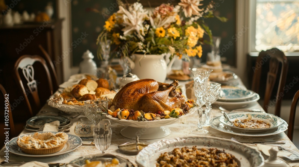 Naklejka premium Thanksgiving Table with Traditional Foods : Warm Thanksgiving setup with turkey, sides, and pie