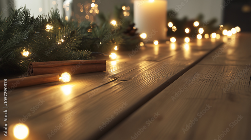 A wooden table adorned with gently glowing Christmas lights, casting a warm, soft glow on sprigs of evergreen and cinnamon sticks, evoking the scent of the holidays. A wooden table adorned with gently glowing Christmas lights, casting a warm, soft glow on sprigs of evergreen and cinnamon sticks, evoking the scent of the holidays.