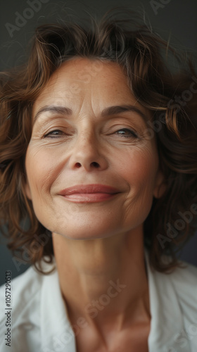 Mature Caucasian woman smiling serenely in simple attire.