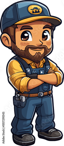 A delightful cartoon illustration of a confident, smiling male worker with a beard, dressed in a yellow shirt and blue overalls. This character is ideal for representing skilled trades and services