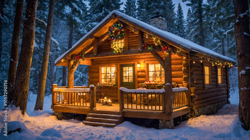 AI-generated images of a cozy log cabin with Christmas decorations AI-generated images of a cozy log cabin with Christmas decorations