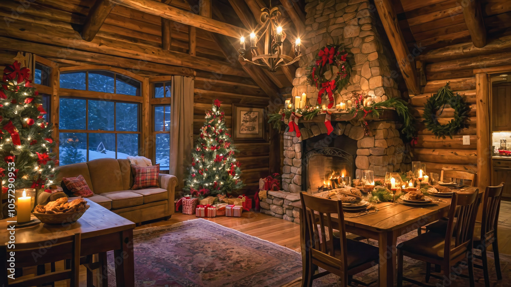 AI-generated images of a cozy log cabin with Christmas decorations AI-generated images of a cozy log cabin with Christmas decorations