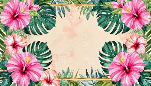 A vibrant watercolor frame with hibiscus flowers and palm leaves, perfect for tropical-themed designs, invitations, and summer decor. 