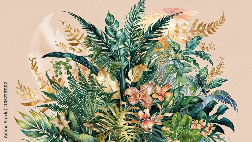 Fototapeta premium Lush watercolor illustration of tropical jungle plants and exotic foliage, with vibrant green leaves and wildflowers on a soft background. 