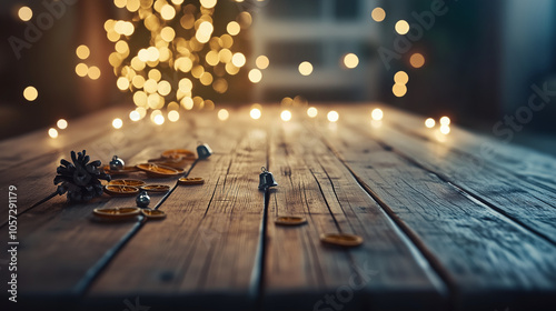 A wooden table bathed in the soft, inviting glow of Christmas lights, with a festive mix of ribbons, tiny bells, and dried orange slices scattered around, celebrating the holiday s photo