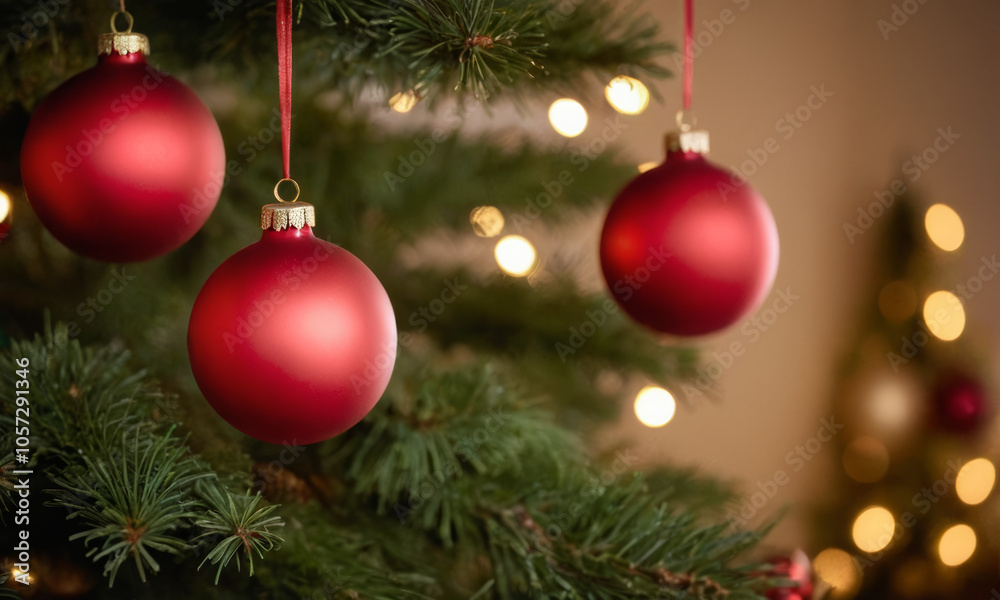 Fototapeta premium Festive Red Ornaments on Christmas Tree: Holiday Spirit