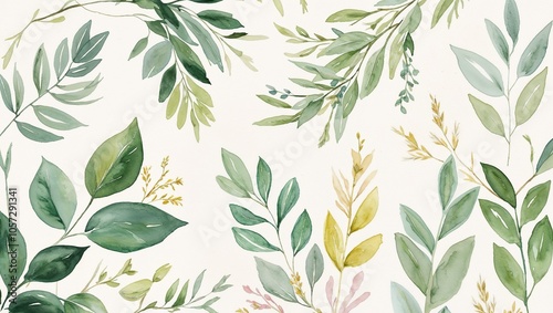 Botanical Watercolor Pattern with Green Leaves 