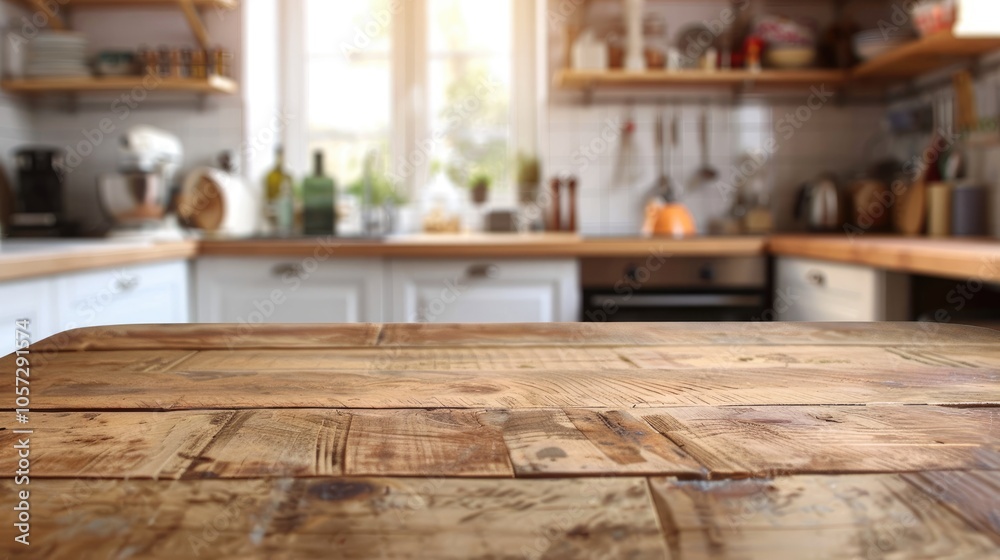 Wooden table in a kitchen setting with blurred background Wooden table in a kitchen setting with blurred background