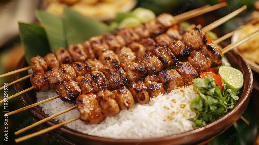 A beautifully arranged platter of sticky rice and grilled pork skewers, A beautifully arranged platter of sticky rice and grilled pork skewers,