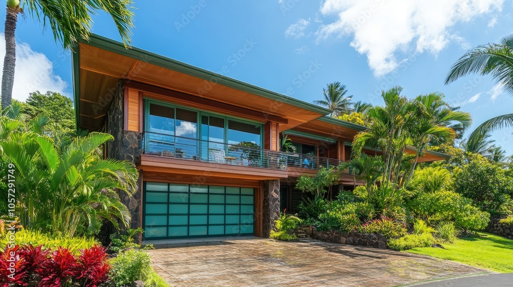 Fototapeta premium Elegant Two-Storey House Surrounded by Lush Greenery