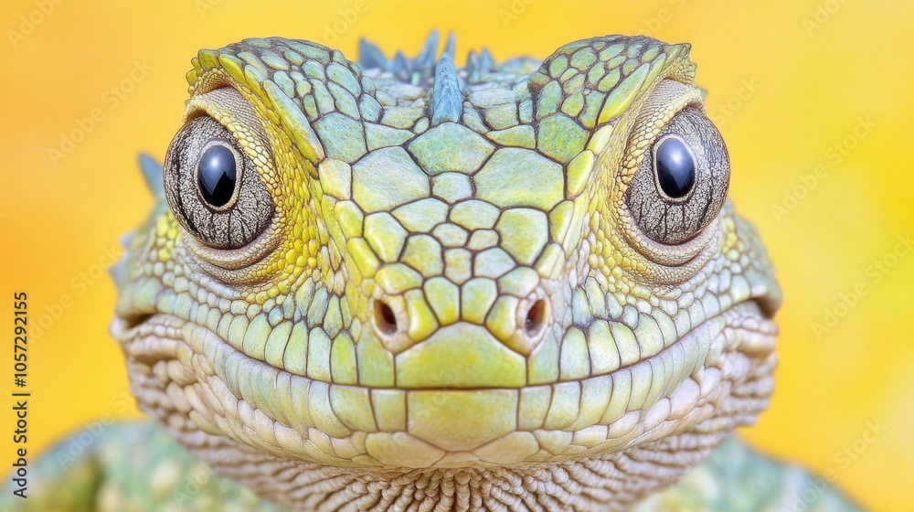 Fototapeta premium Close-up Portrait of a Vibrant Green Lizard, Detailed Reptile Scales, Wildlife Photography