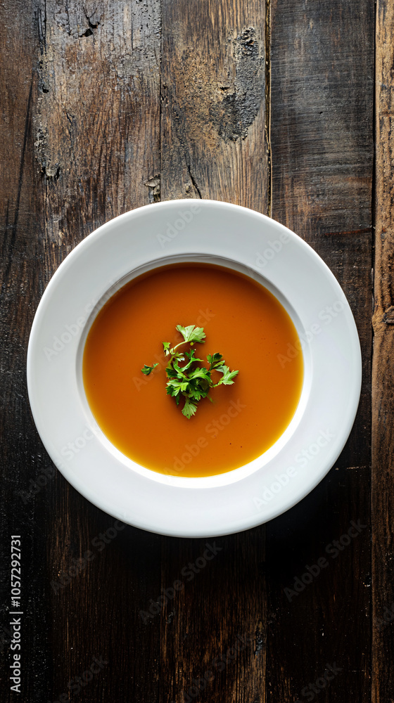 Pumpkin soup with a sprinkle of fresh parsley served on a rustic wooden table Pumpkin soup with a sprinkle of fresh parsley served on a rustic wooden table