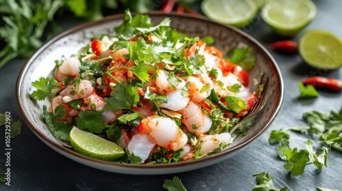 A colorful serving of spicy Isaan-style fish salad, garnished with fresh herbs