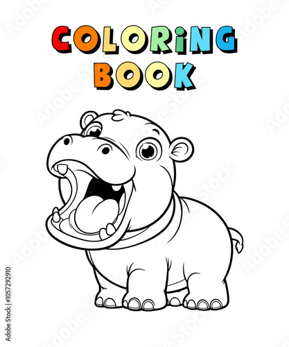 Cute Hippopotamus Cartoon , Wildlife Animal Coloring Page , Animal Coloring Book for Children , Vector Illustration