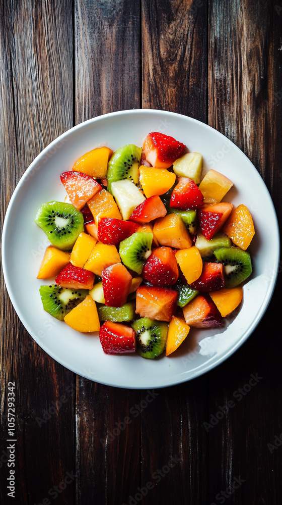 Fresh fruit salad served on a rustic wooden table with a white plate containing strawberries, kiwi, peaches, pineapple, and cantaloupe Fresh fruit salad served on a rustic wooden table with a white plate containing strawberries, kiwi, peaches, pineapple, and cantaloupe