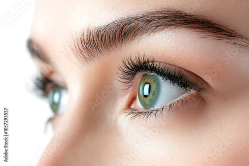 Macro photography showcasing a woman's eyes with green contact lenses and long, dark eyelashes