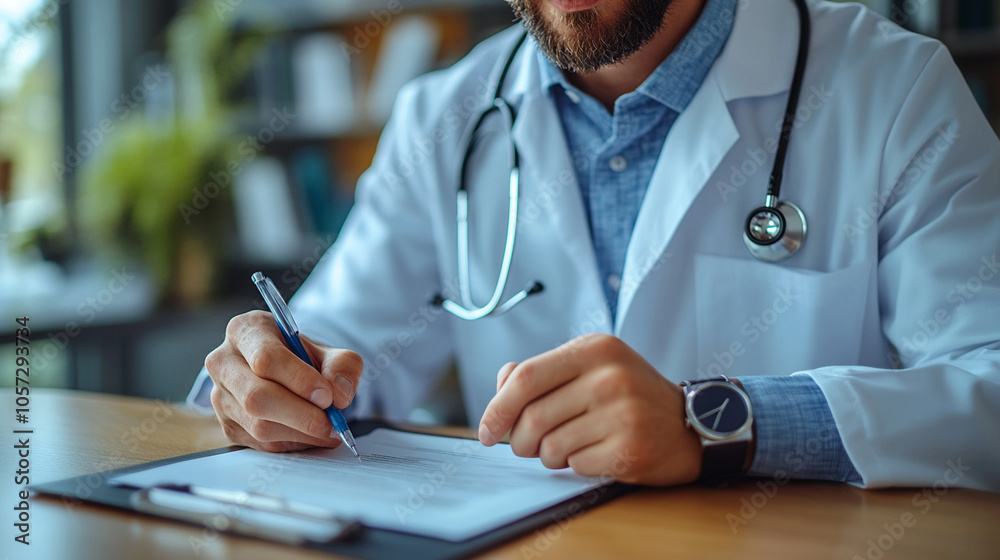 A doctor's hands writing on paper or a document at a table in a hospital. A doctor's hands writing on paper or a document at a table in a hospital.