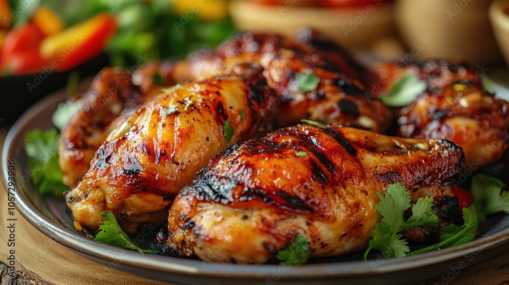 A plate of Gai Yang (Grilled Chicken) with crispy skin, vibrant colors A plate of Gai Yang (Grilled Chicken) with crispy skin, vibrant colors
