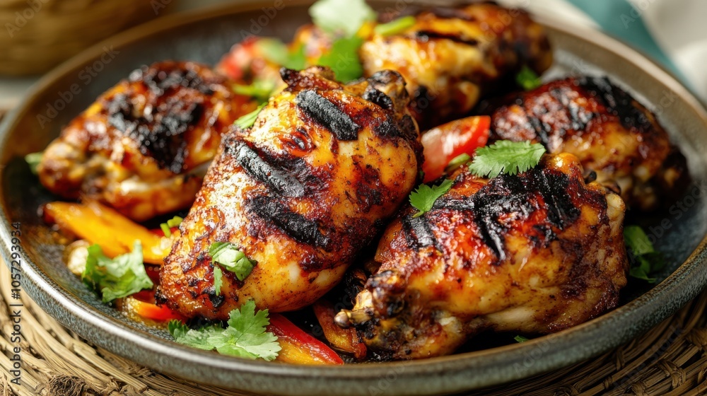 A plate of Gai Yang (Grilled Chicken) with crispy skin, vibrant colors A plate of Gai Yang (Grilled Chicken) with crispy skin, vibrant colors