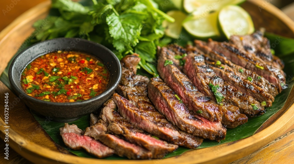 A platter of Isaan-style grilled beef, served with a side of fresh herbs and spicy A platter of Isaan-style grilled beef, served with a side of fresh herbs and spicy