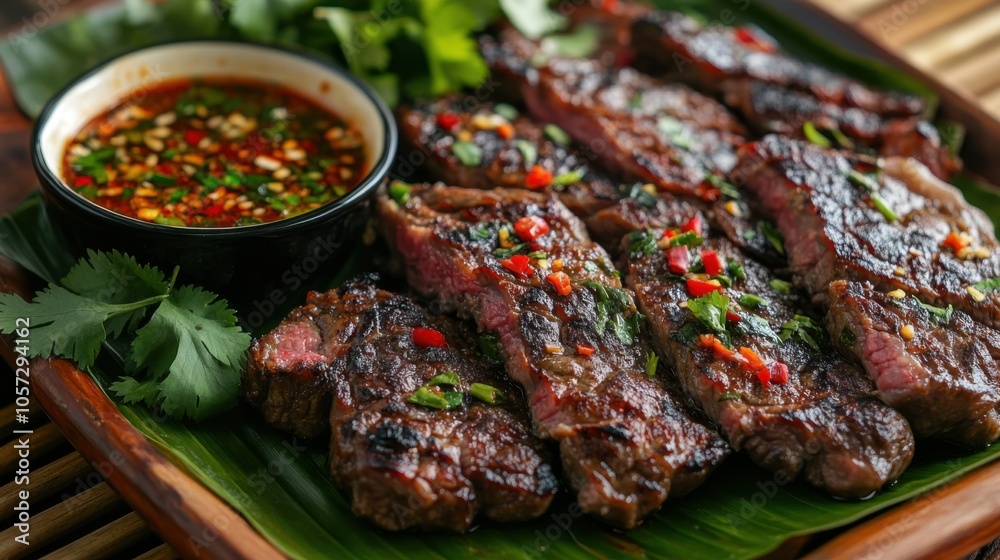 A platter of Isaan-style grilled beef, served with a side of fresh herbs and spicy A platter of Isaan-style grilled beef, served with a side of fresh herbs and spicy