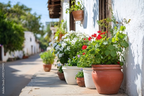 Colorful flowers in terracotta pots on a cobblestone street in a quaint village.