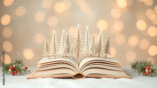 Wallpaper Mural Minimal abstract creative New Year scene with Christmas tree made of books, isolated on pastel beige background. Xmas greeting or gift card. Education concept. Torontodigital.ca