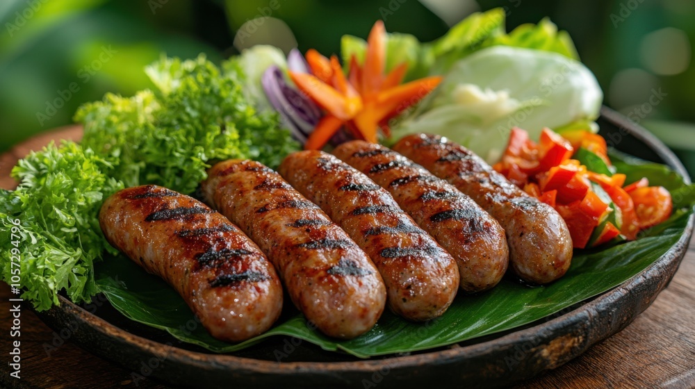 A serving of spicy Isaan sausages, perfectly grilled, served with fresh vegetables A serving of spicy Isaan sausages, perfectly grilled, served with fresh vegetables