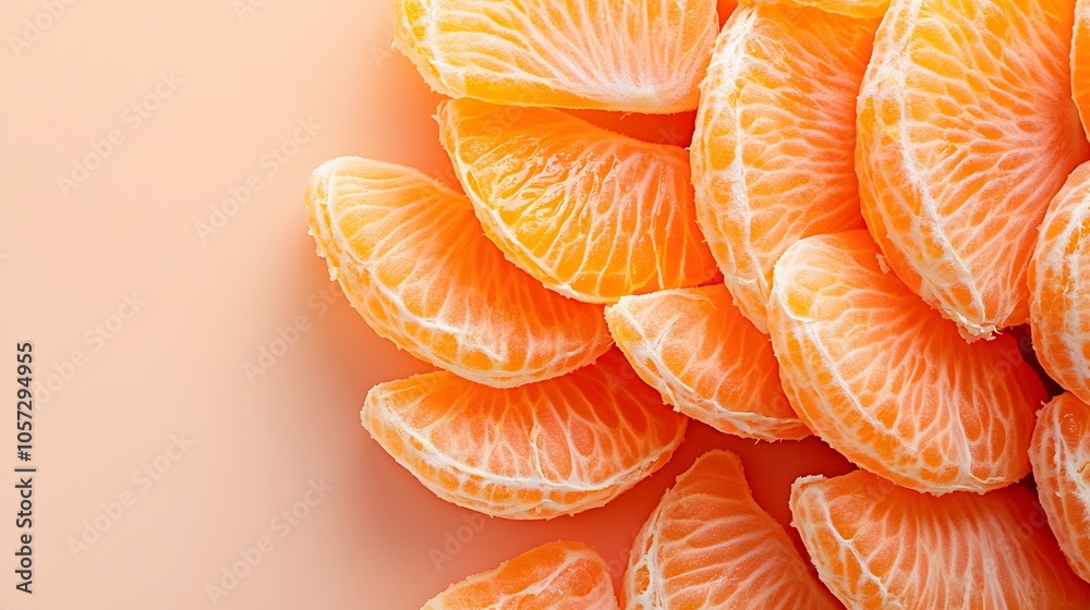 Peeled mandarin orange segments in fan arrangement, showcasing vibrant orange color and juicy citrus flesh on beige background with studio lighting and minimalist style.