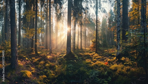 Golden Sunlight Filtering Through Tall Trees in a Misty Forest photo