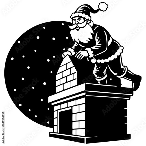 Santa Claus Descending the Chimney at Night - Vector Design on White Background