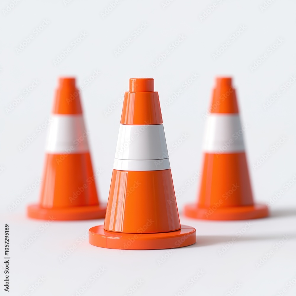 Three bright orange traffic cones arranged neatly on a light background. Three bright orange traffic cones arranged neatly on a light background.