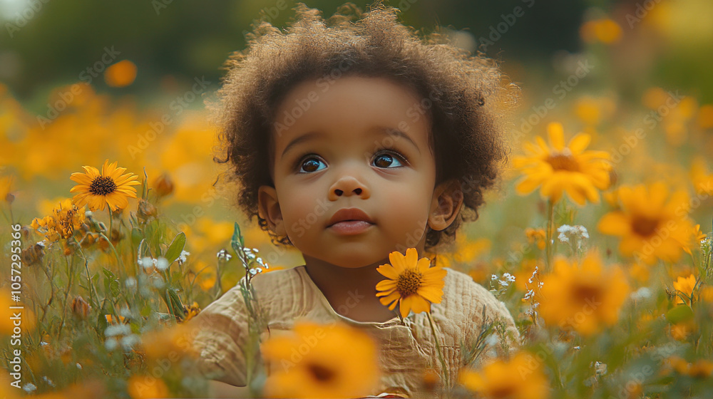 Baby sitting in a field of flowers, curious and mesmerized, capturing innocence and the beauty of nature Baby sitting in a field of flowers, curious and mesmerized, capturing innocence and the beauty of nature