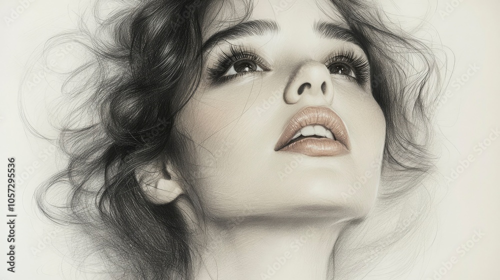 Close-up Pencil Drawing of a Woman's Face Looking Upward Close-up Pencil Drawing of a Woman's Face Looking Upward