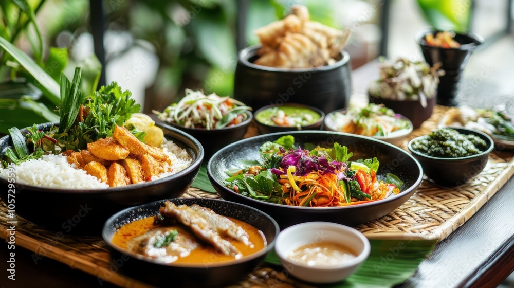 A vibrant Isan meal, elegantly plated, in a naturally lit environmen A vibrant Isan meal, elegantly plated, in a naturally lit environmen