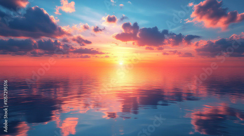 Breathtaking sunset over a calm ocean, with warm colors reflecting off the water, serene and expansive