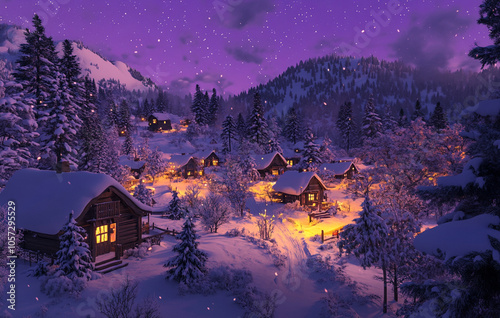  Magical Snowy Village Illuminated Under a Starry Purple Winter Sky